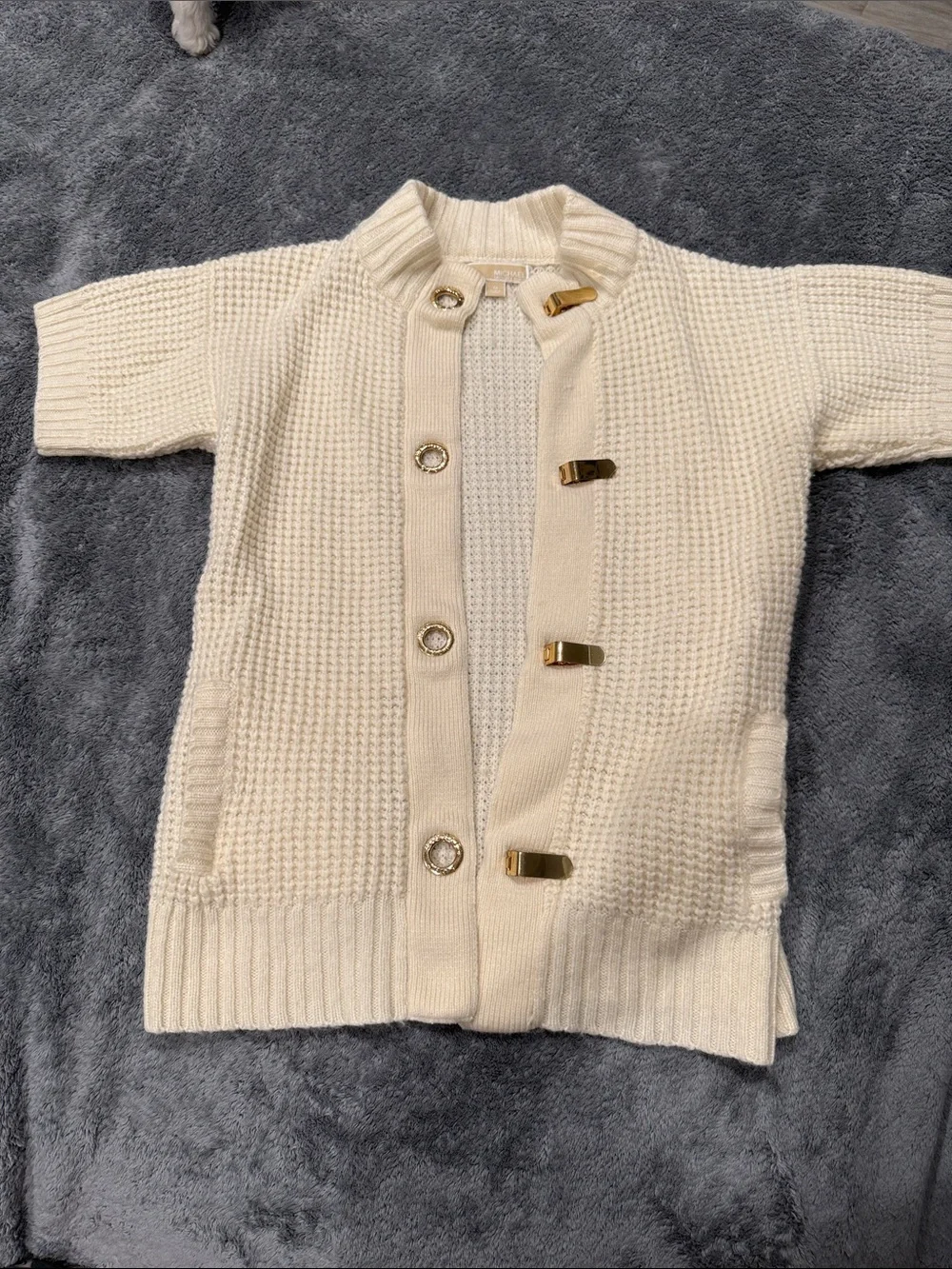 Michael Kors Cream Short-Sleeve Knit Cardigan with Gold Hardware